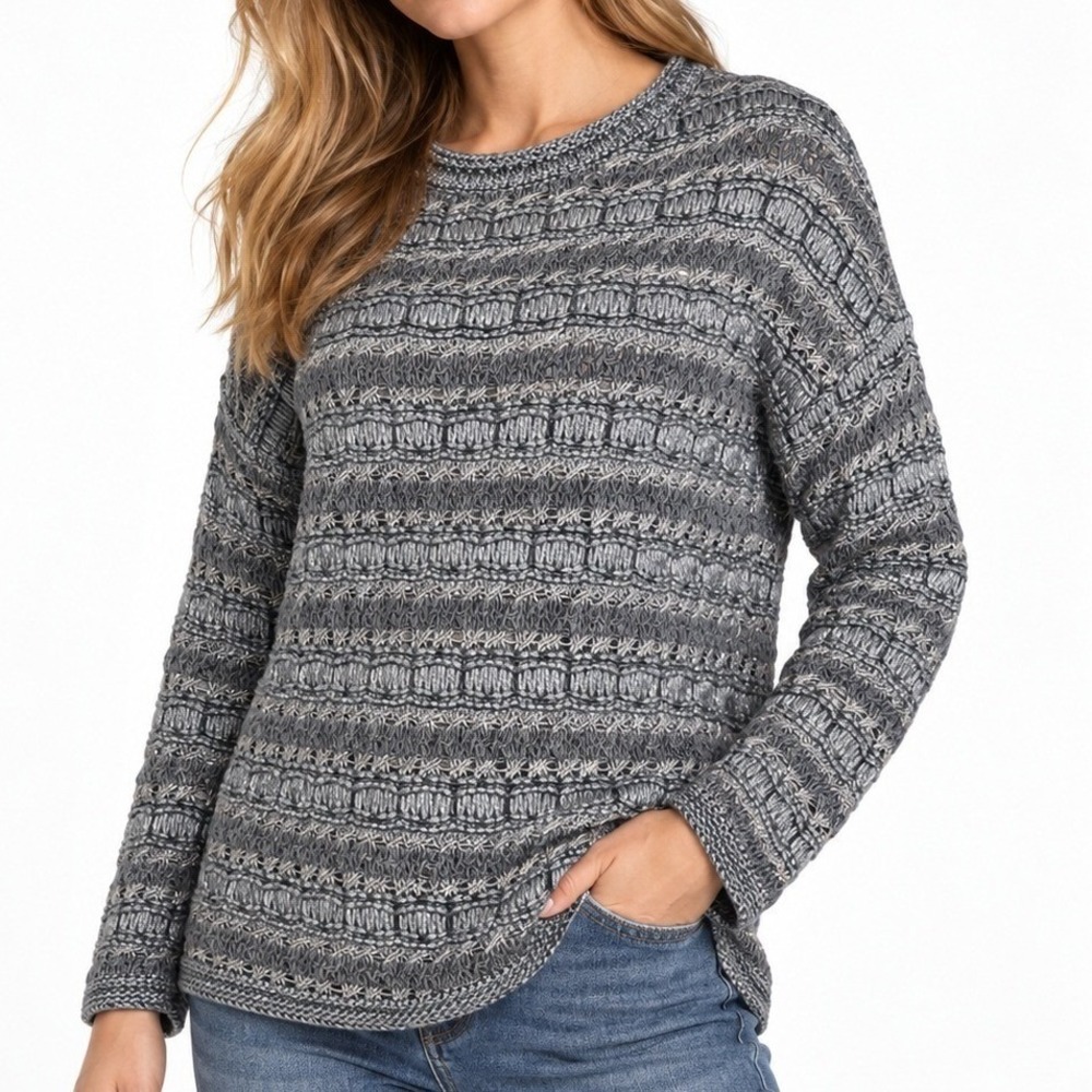 Women's Gray Sweater Size S Textured Open Knit Crew Neck Long Sleeve Pullover